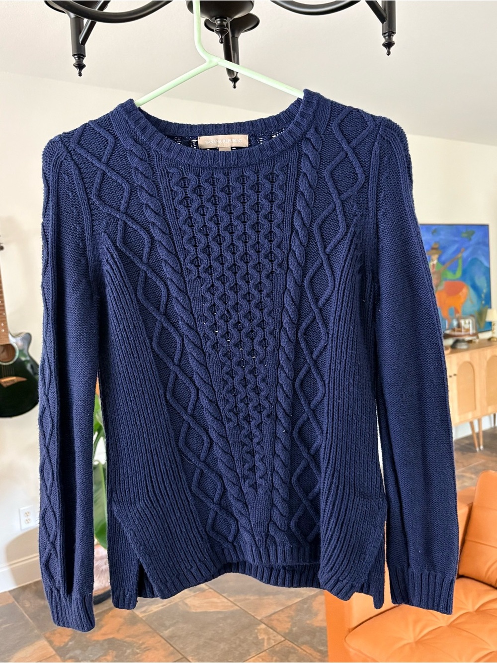 Banana Republic Navy Mixed Cable Knit Side Slit Sweater